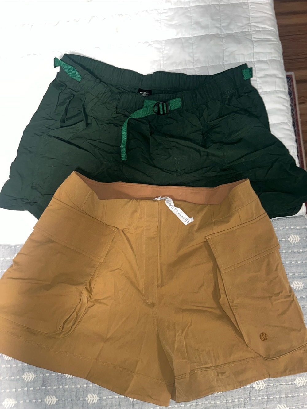 lululemon athletica Tan shorts and REI Green Athletic Shorts Duo